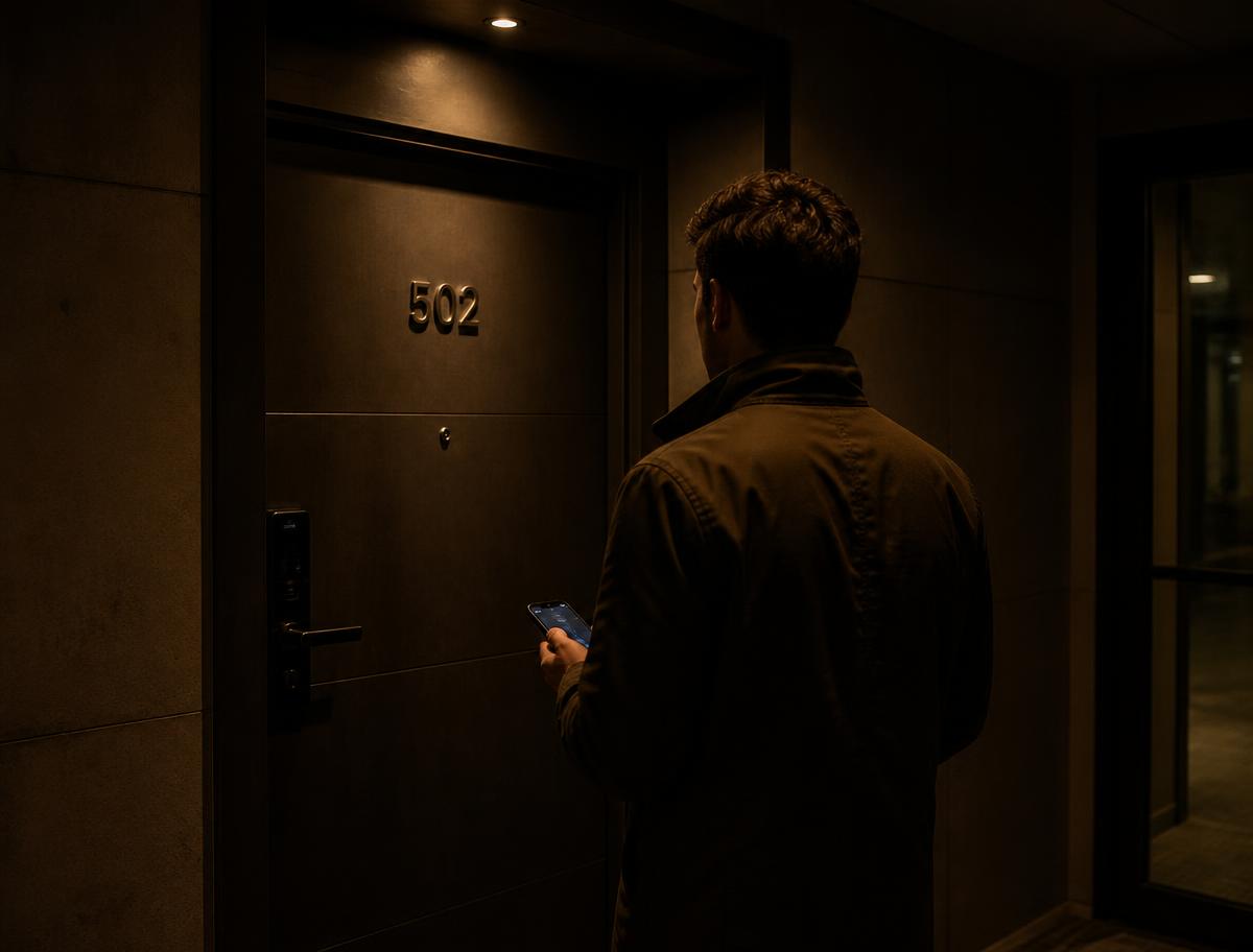 Pessoa em frente a uma porta trancada solicitando atendimento de chaveiro